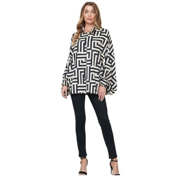 Alamia Tops - Alamia Black & Ivory Geometric Poet Long Sleeve Blouse, size Med
